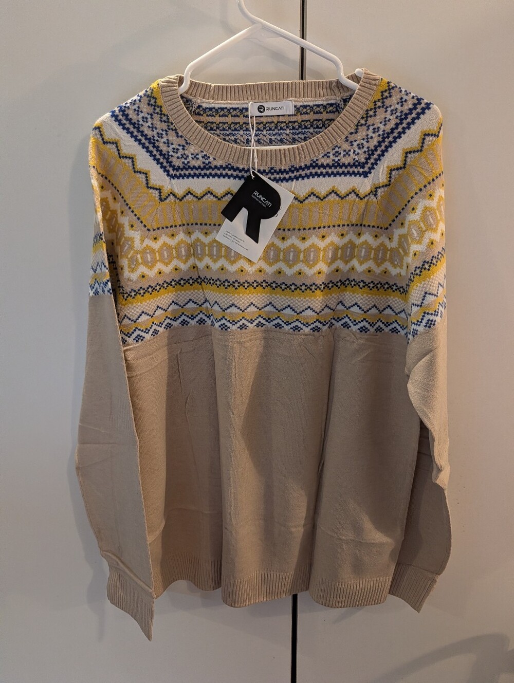 Runcati Mens XL  Beige Sweater with Yellow and Navy Fair Isle Yoke  NWT